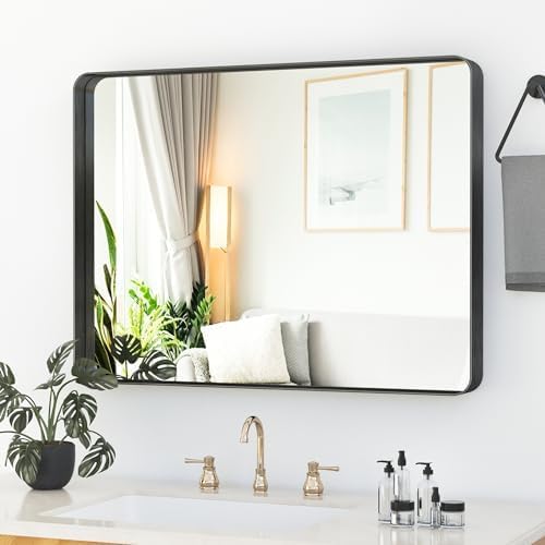 Suidia Bathroom Mirror, 30" x 22" Wall Mirror Metal Framed, Bathroom Vanity Mirror for Living Room Bedroom Bathroom Entryway, Black, Rounded Corner Style
