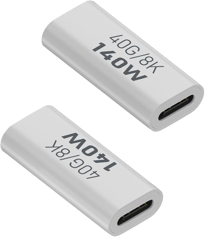 USB C Female to Female Adapter, USB Type C Coupler Extender Support 140W, 40Gbps, 8K@60Hz for Laptop, Phones and More Type C Devices (White),2 Pack
