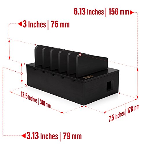 Prosumer's Choice Black Family Charging Station, 5 Device Organizer Charger for Smartphones and Tablets, Wooden Rack
