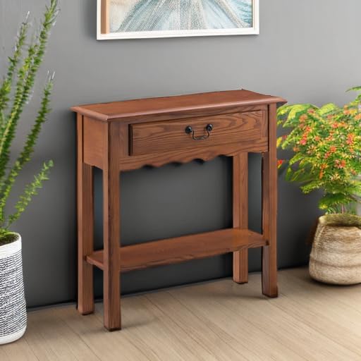 Leick Home Wave Solid Wood Console Table with Drawer and Shelf, Medium Oak, 28 in W x 8 in D x 28 in H, Entryway, Hallway, Landing Table, 9021-MED