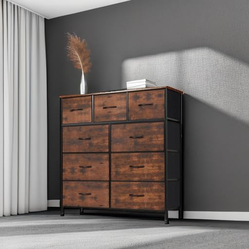 DUMOS Dresser for Bedroom, Storage Organizer with 9 Drawers, Chest of Drawers with Fabric Bins, Sturdy Metal Frame, Wood Tabletop for Guest Room, Closet, Entryway, Nursery