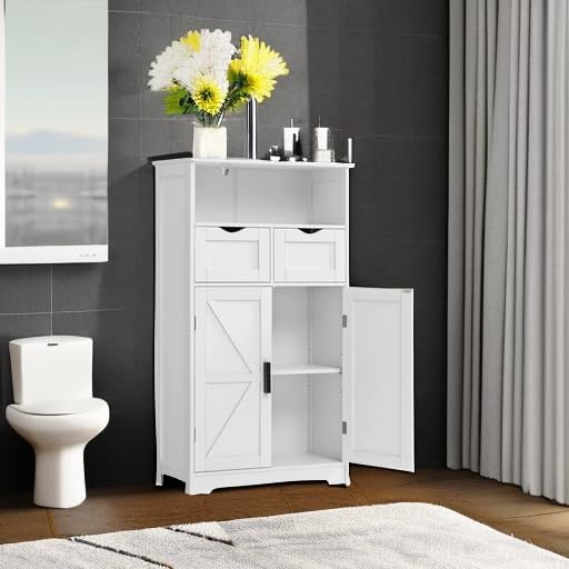 WEENFON Bathroom Cabinet with Adjustable Shelf, Storage Cabinet with 2 Doors & 2 Drawers, Cupboard, for Living Room, Hallway, White
