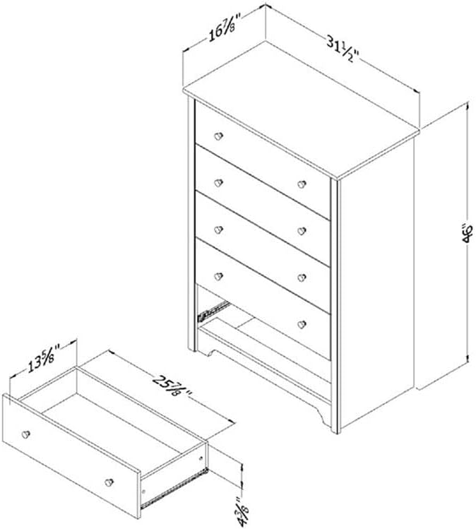 South Shore Vito Collection 5-Drawer Dresser, 16.88"D x 31.5"W x 48.75"H, Pure White with Matte Nickel Handles