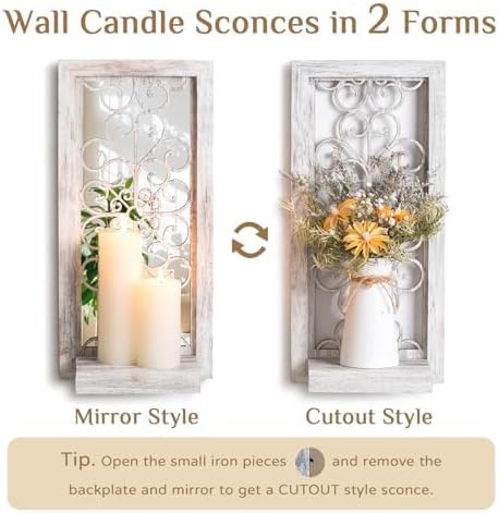Mirrored Wall Candle Holders Decorative White - Farmhouse Wall Candle Sconces Set of 2 Washedwhite Candle Holder Decor for Small Vase Tealight Pillar Candles