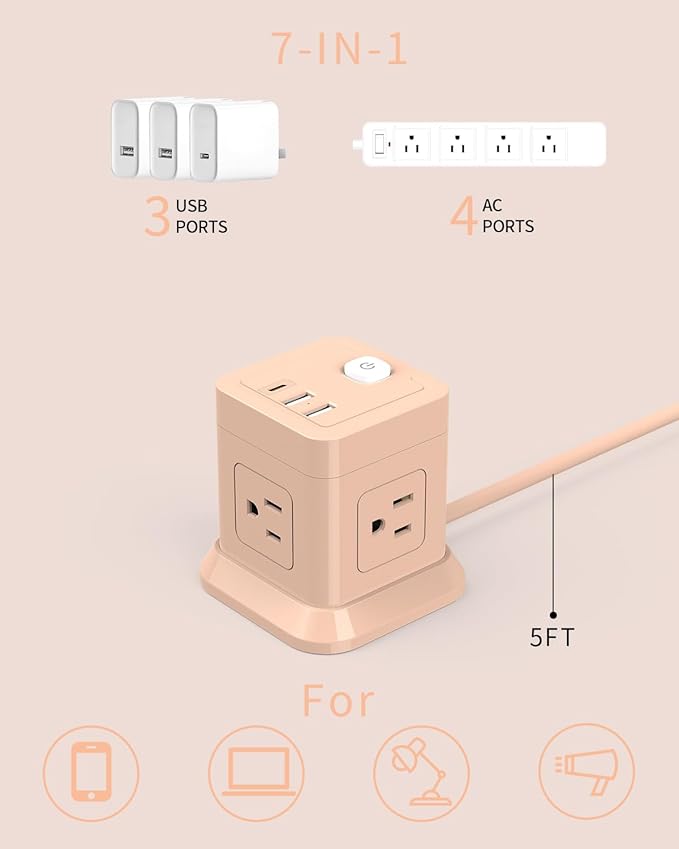 Cube Power Strip, FDTEK 4 Widely Spaced Outlet with 3 USB (1 USB C) Flat Plug Power Strips with Long Extension Cords Space Save Compact Portable for Travel Home Office Cruise (Pink)