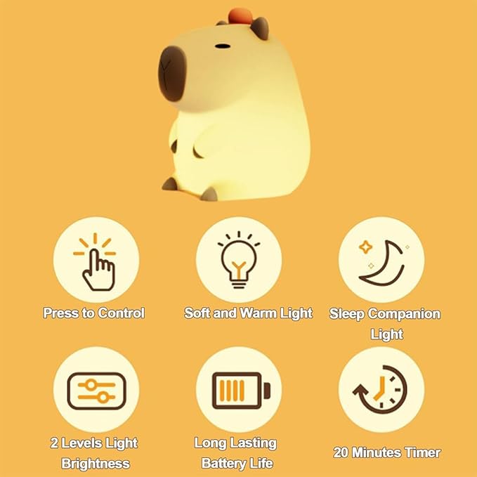 Capybara Little Night Light for Kids, Portable USB Rechargeable Animal Lamps Touch Control Lamp, Silicone Night Light with Timing Function,Children's Christmas Gifts