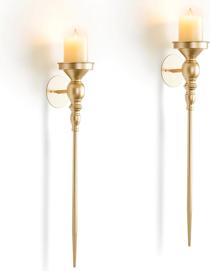 Candle Sconces Gold Wall Decor: Vintage Metal Art Decoration Wall Candle Holder for Pillar Candles - 24.4 Inch Long Candle Sconces Set of 2 for Fireplace Hallway Beside TV