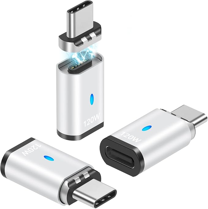USB C Magnetic Adapter 3 Pack, 120W Straight USB2.0 Type C Connector 5Pin with 480Mbps Data Transfer, Compatible for MacBook Pro/Air iPad Pro and More USB C Devices, Silver