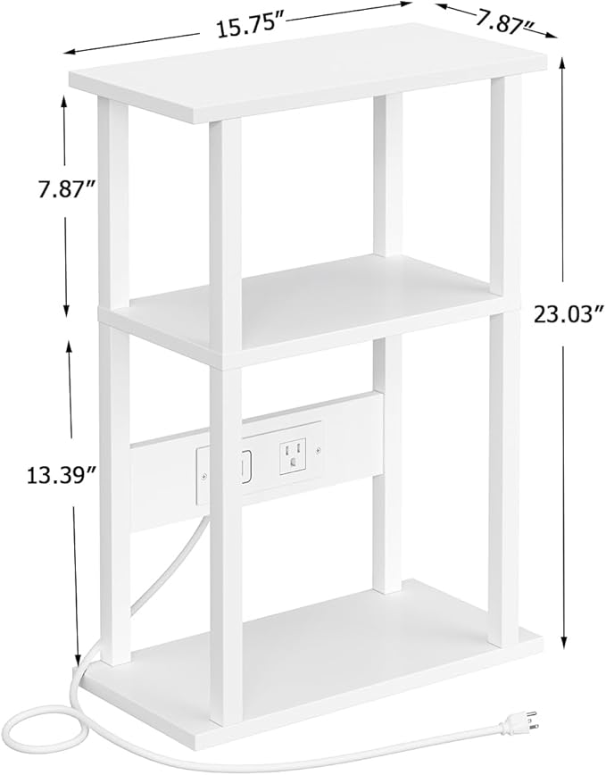 VIMBER Narrow Side Table with Charging Station, 2 Set Skinny End Table for Small Spaces, Sofa Beside Tables with Storage Shelf, Slim Nightstand with USB Ports Outlet, Couch Table White UTBT003W2