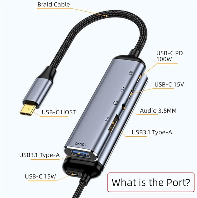 NFHK USB-C Type-C to Audio 3.5MM Dual USB 3.0 HUB Converter Multiport Adapter with Female 100W PD Power Port