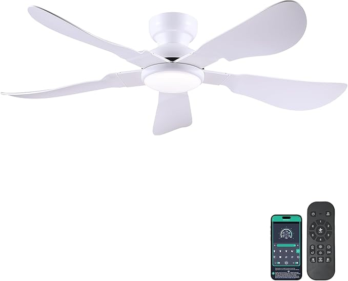 52 Inch Modern Ceiling Fans with Lights, Flush Mount Ceiling Fan with Light and Remote/APP Control, 5 Reversible 6 Speeds Curved Blades, 3 CCT Dimmable Lights for Bedroom, White