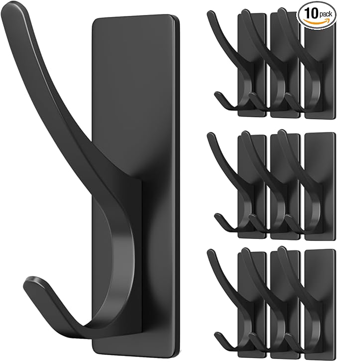 pickpiff Self Adhesive Coat Hooks for Hanging, Heavy Duty Stainless Double Wall Hook for Towel, Backpack, Hat, Sturdy Metal Hanger for Bathroom, Bedroom, Door, Wall Mounted, 10 Pack, Matt Black