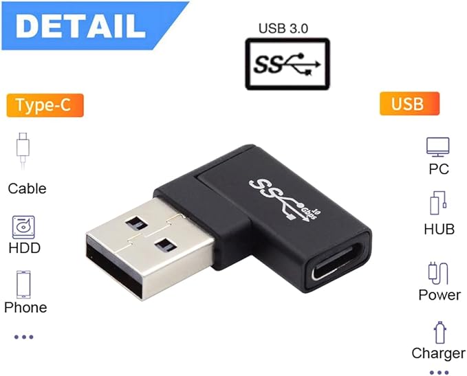 CY USB-C Type C Female to USB 3.0 A Male Data Adapter Flat Horizontal 90 Degree Right Angled for Laptop Desktop
