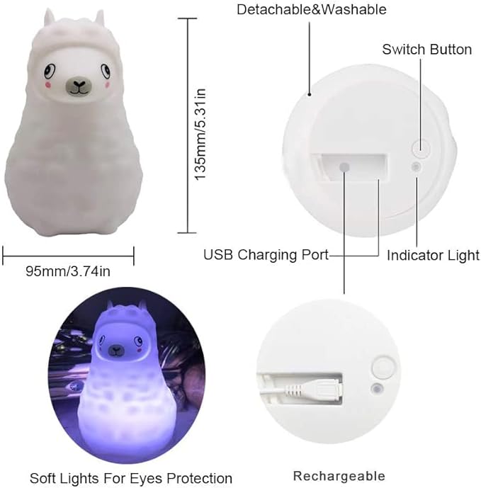 Animal Alpaca Kids Night Light, Children's Room LED Bedside Lamp, Rechargeable Soft Silicone Light, Adjustable Brightness and Colors, Compatible with Touch Control & Remote Control
