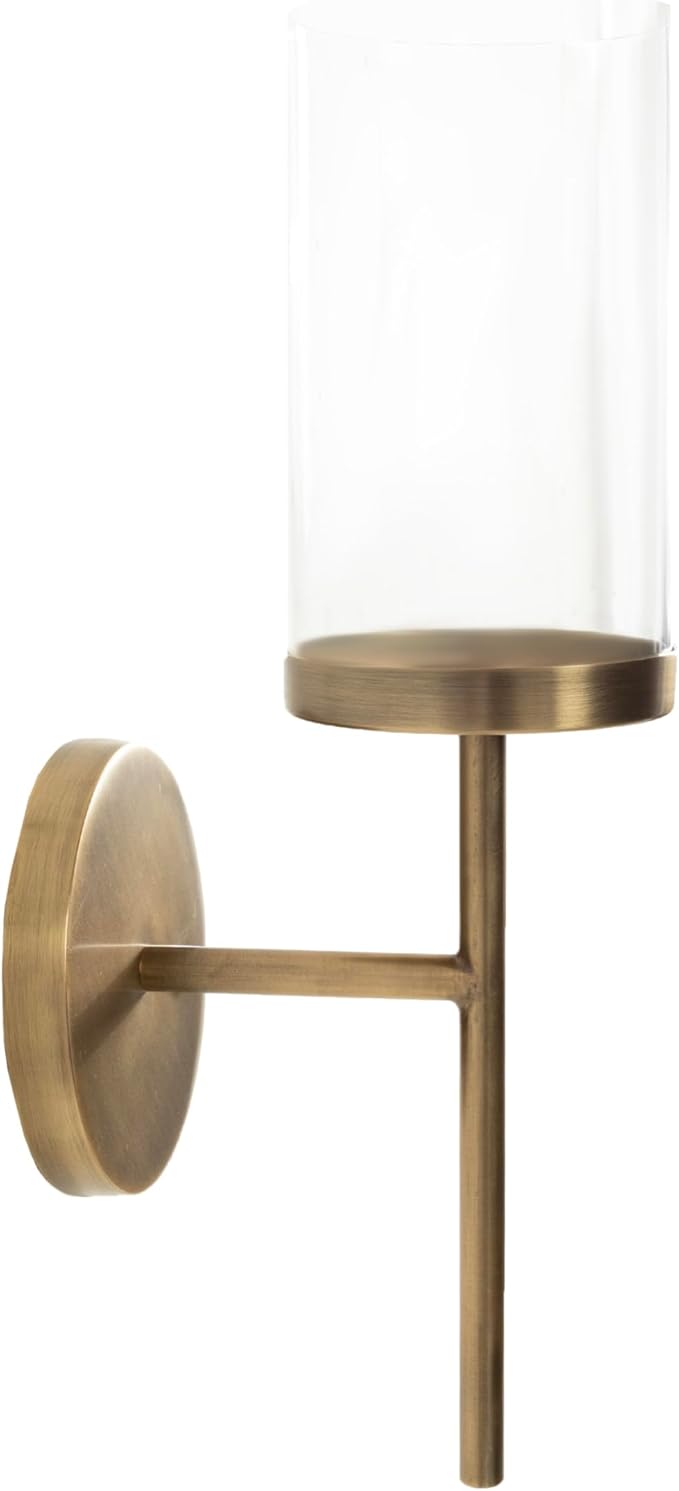 Kate and Laurel Blaise Transitional Metal Wall Sconce; 5 x 6 x 14; Antique Brass; Modern Round Candle Holder with Removable Glass Cylinder for Flameless Candles