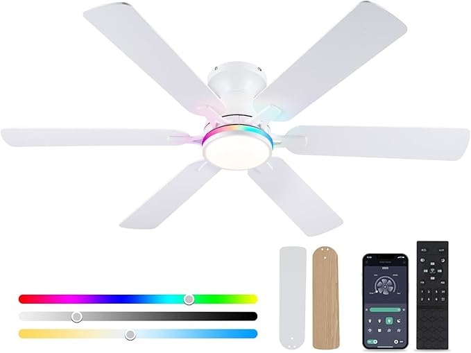Ceiling Fans with Lights- 52" RGB Low Profile Indoor Ceiling Fan with Light and Remote/APP Control, Flush Mount, 6 Blade, LED Dimmable DC Reversible Modern Ceiling Fan for Bedroom（White）