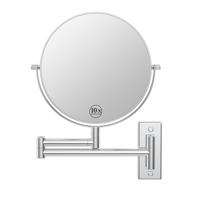 Wall Mounted Makeup Mirror, 10x/1x Double-Sided Magnifying Mirror, 360° Extendable Arm Bathroom Mirror, 8 inch Vanity Mirror for Makeup or Shaving Chrome Finish