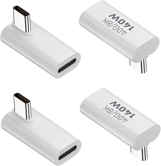Danfetsoy 90 Degree Right Angle USB C Male to Female Adapter, 40Gbps 140W 90 Degree USB C Male to Female Connector Extender for 8K@60Hz for MacBook, iMac, iPad, Tablet, Phones and More (4 Pack)