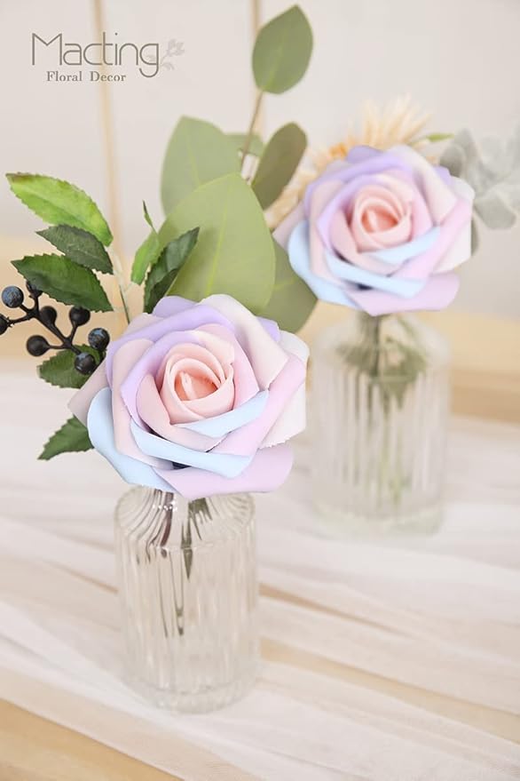 MACTING 60PCS Artificial Rose Flowers Real Touch Fake Flowers with Stem Foam Roses for DIY Wedding Bouquets Baby Shower Table Centerpieces Party Holiday Home Spring Mothers Day Decor(Light Rainbow)