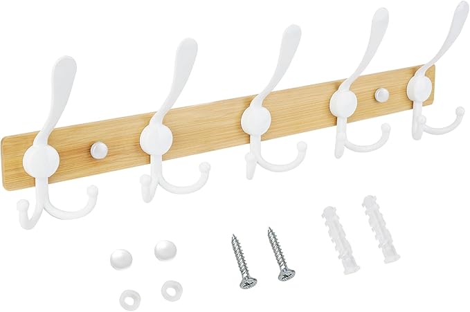 TICONN Wall Mounted Coat Rack, Five Heavy Duty Tri Hooks All Metal Construction for Jacket Coat Hat in Mudroom Entryway (Wood White, 1-Pack)