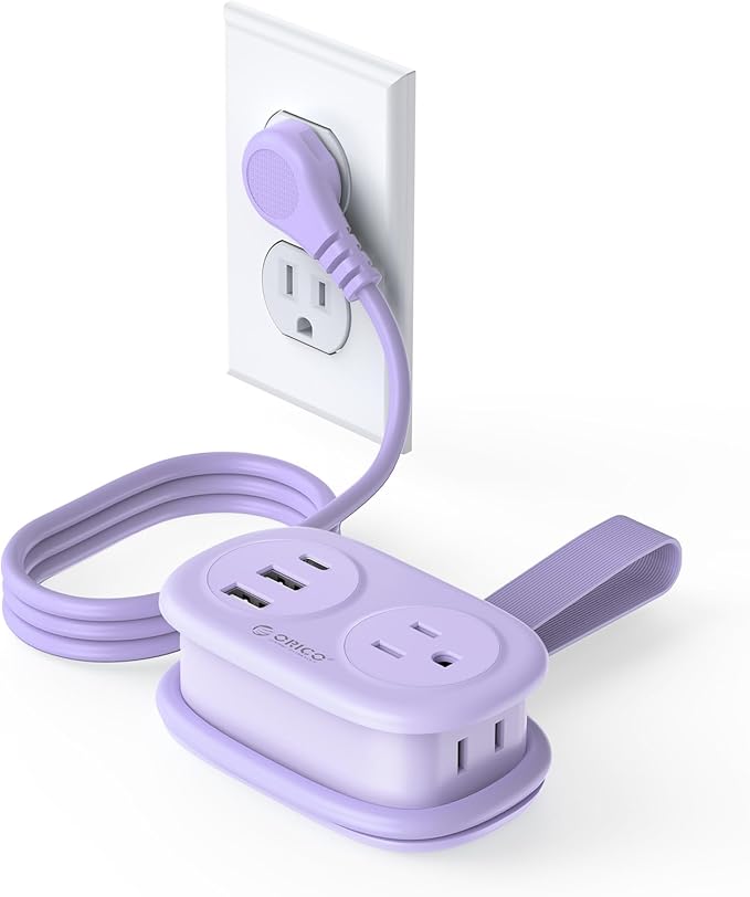 ORICO Pocket Power Strip for Travel, 5 in 1 Extension Cord with 2 AC Outlets 2 USB-A and 1 USB-C Ports, 3.7 ft Flat Plug Wrapped Around Power Strip for Cruise Office, Hotel, Home- AP3