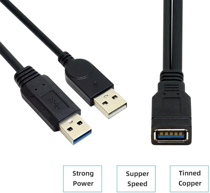 NFHK Black USB 3.0 Female to Dual USB Male Extra Power Data Y Extension Cable for 2.5" Mobile Hard Disk