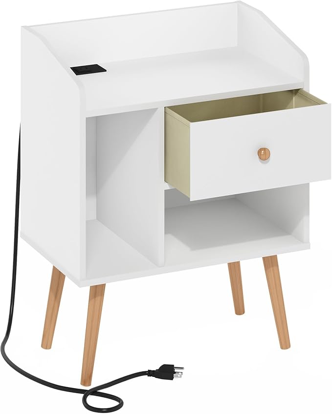 Furinno Claude Side Table, Mid Century End Table with Charging Station, Wooden Legs Night Stand, Bedside Table with USB and Type-C Charging Port, for Living Room, Bedroom, White