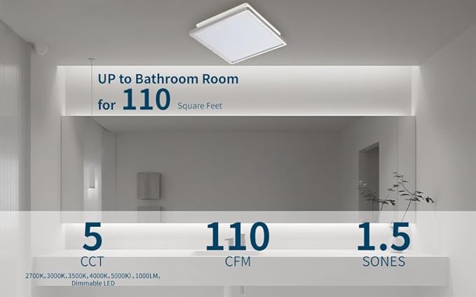 Tech Drive Modern Nickel Bathroom Exhaust Fan with Light, 110CFM, 1000lm Dimmable 5CCT LED Light Selectable, Quiet Ventilation Fan with night light,Energy Star Certified, Decorative Nickel Trim