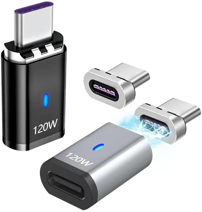 USB C Adapter Straight 2 Pack, Magnetic USB C Adapter -3 Tips 120w Fast Charging 5Pin 480Mbps Data Transmission