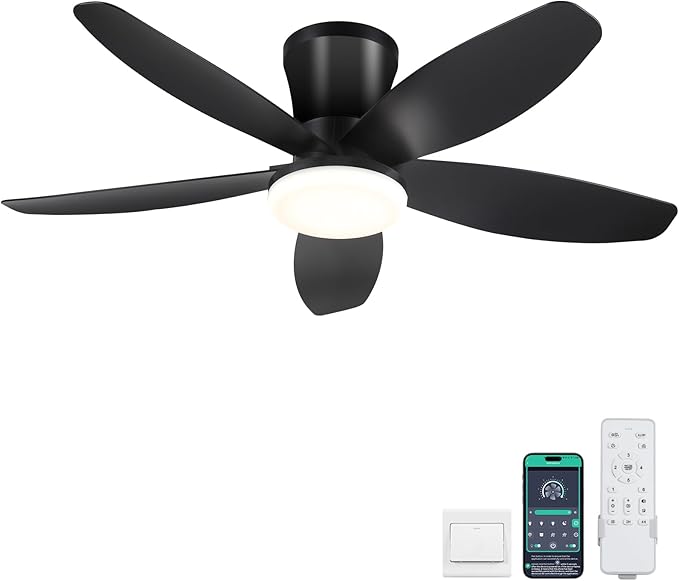 Ceiling Fans with Lights-36 Low Profile Ceiling Fan with Light and Remote/APP Control,Flush Mount,DC Reversible,LED Dimmable Blakc Ceiling Fans for Bedroom,Indoor/Outdoor Patio Use