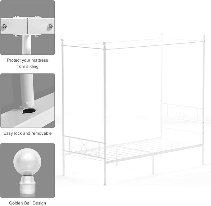 Weehom Twin Canopy Bed Frame with Headboard and Footboard, 4 Posters Metal Bed Frame, No Box Spring Needed, Mattress Foundation Platform Bed for Kids and Adults, White