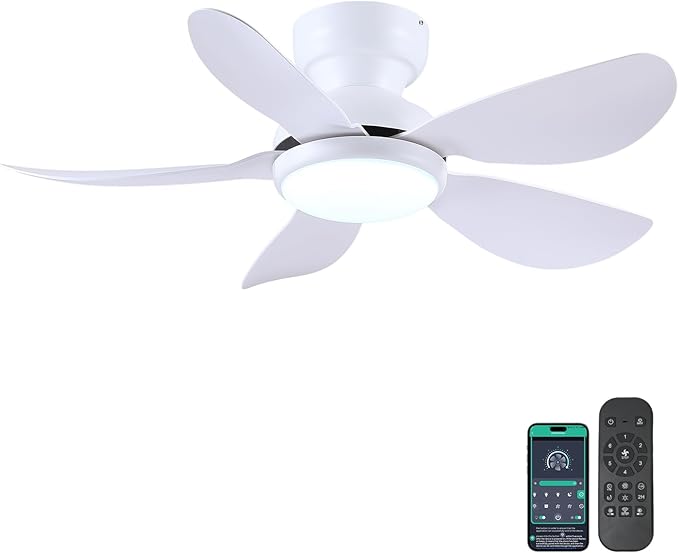 36 Inch Modern Ceiling Fans with Lights, Small Flush Mount Ceiling Fan with Light and Remote/APP Control, 5 Reversible 6 Speeds Curved Blades, 3 CCT Dimmable Lights for Bedroom, White