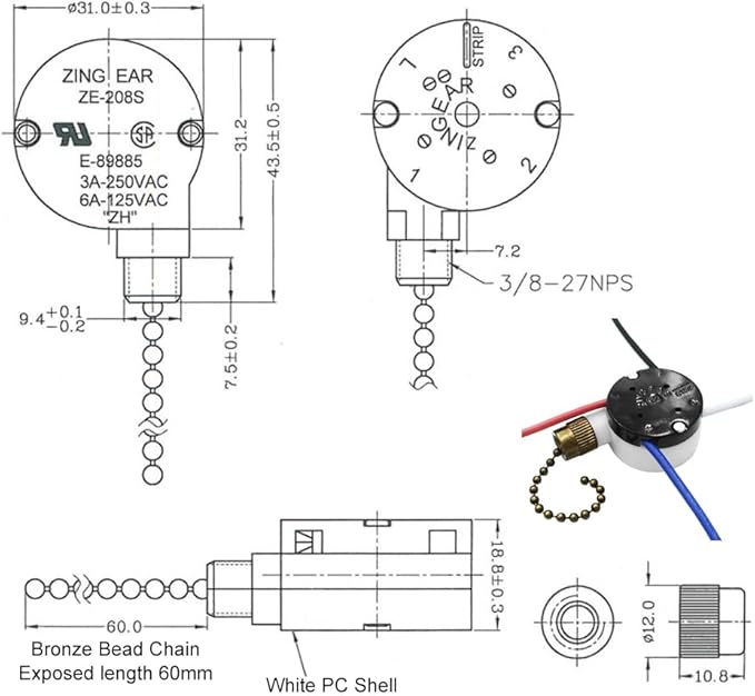 Ceiling Fan Switch Zing Ear ZE-208s E89885 3 Speed 4 Wire Pull Chain Switch with 4 Pre-Installed Wires Replacement Part for Hunter, Hampton Bay, Harbor Breeze Fans (Bronze Chain)