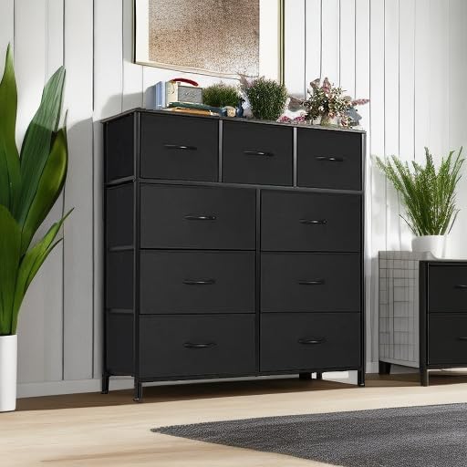 OLIXIS Dresser for Bedroom, 9 Storage Drawers, Wide Fabric Closet Chests Organizer Tower Furniture, TV Stand with Wooden Top Metal Frame for Clothes, Living Room, Hallway, Entryway, Black