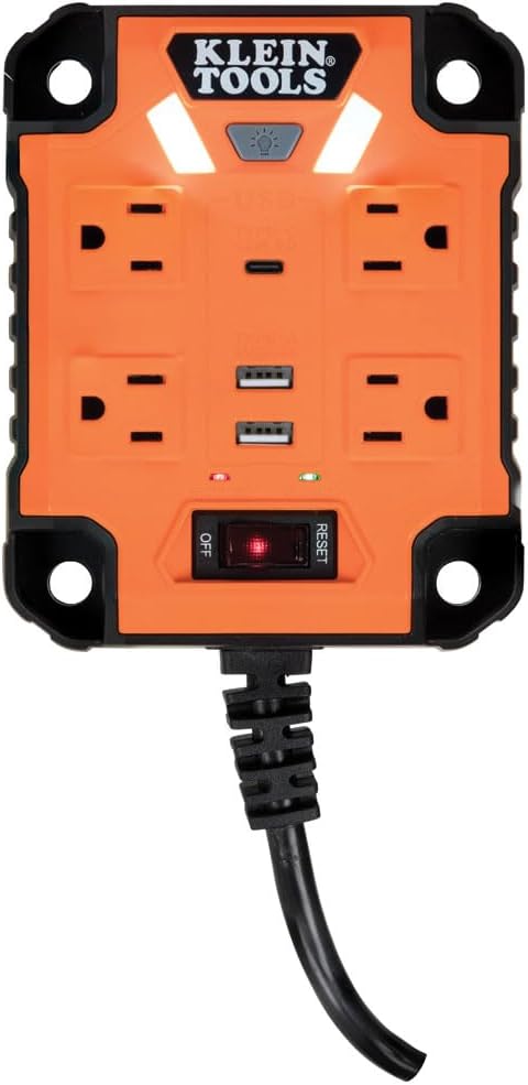 Klein Tools 29601 Magnetic Power Strip with Surge Protector, Extension Cord, 4 Outlets, 3 USB Ports, 5-Foot Cord, Power Supply Box with Light, PowerBox 1, Heavy Duty