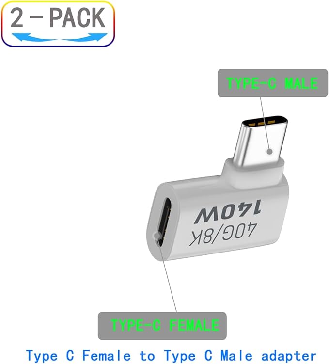 USB C Female to Male 90 Degrees Adapter, USB Type C Coupler Extender Support 140W, 40Gbps, 8K@60Hz for Laptop, Phones and More Type C Devices (White),2 Pack.
