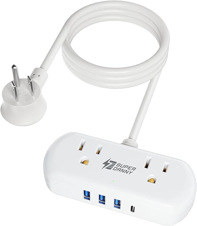 SUPERDANNY Power Strip with USB, Mini Desktop Charging Station with 2 Wide-Spaced Outlets & 4 USB Ports, 2ft Portable Flat Plug Extension Cord for Travel, Dorm, Room, Home Office Essentials, White