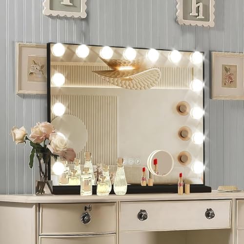 Black Hollywood Vanity Mirror with Lights, 9 Dimmable Bulbs, 3 Color Lights,Make Up Lighted Mirror, 10x Magnification 360°Rotation(12" x 14")