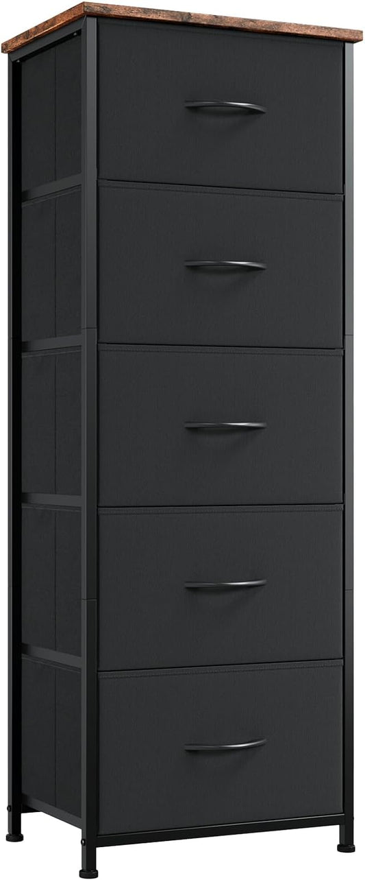 Somdot Tall Dresser for Bedroom with 5 Drawers, Storage Organizer Chest of Drawers with Removable Fabric Bins for Closet Bedside Living Room Laundry Entryway Hallway, Black Rustic Brown