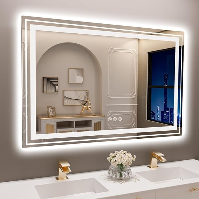 LED Bathroom Mirror, 40"X28" with Front and Backlit, Anti-Fog, Bathroom Vanity Mirror for Wall, Memory Function, Stepless Dimmable, Tempered Glass (Horizontal/Vertical)