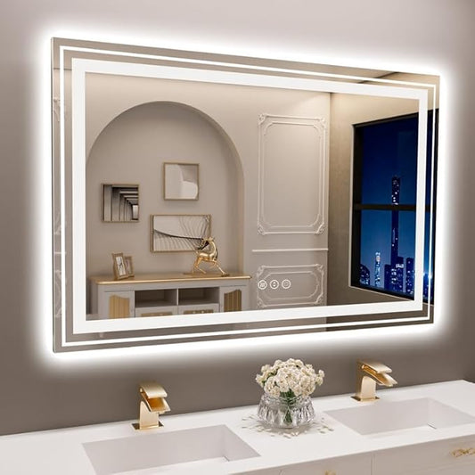 LED Bathroom Mirror, 40"X28" with Front and Backlit, Anti-Fog, Bathroom Vanity Mirror for Wall, Memory Function, Stepless Dimmable, Tempered Glass (Horizontal/Vertical)