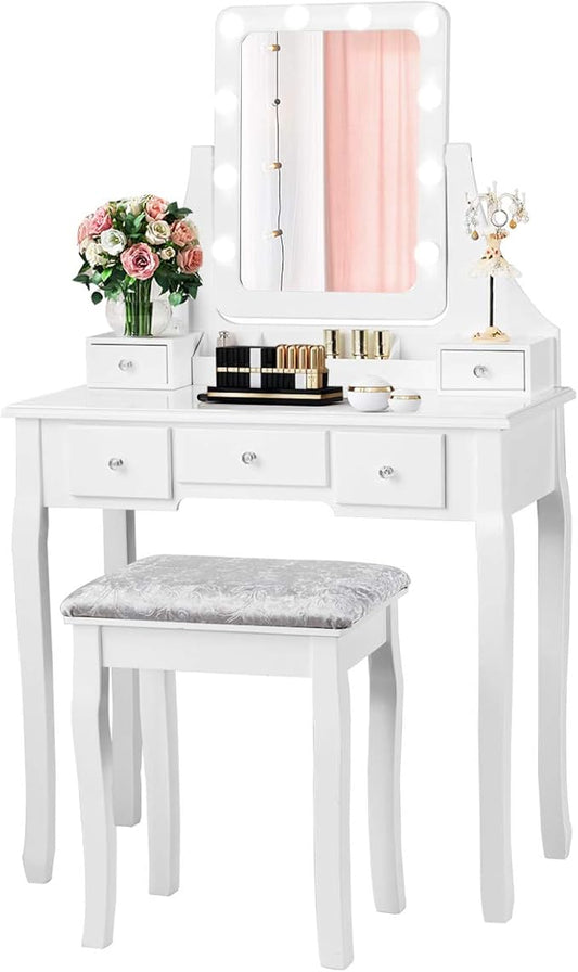 CHARMAID LED Vanity Desk with Lighted Mirror, 10 Dimming Bulbs, 5 Drawers, 3 Storage Organizers, Makeup Vanity Desk with Stool, Bedroom Dressing Table, Gift for Girls Women (White)