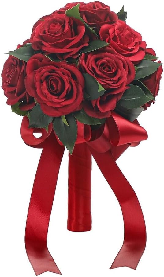 Wedding Bouquet Bride Flower Bridal Bouquets, Ribbon Artificial Rose Wedding Bouquets for Bride Bridesmaid Bouquet Dark Red Rose Bouquet Bride Bridesmaid Holding Flower for Wedding Decor