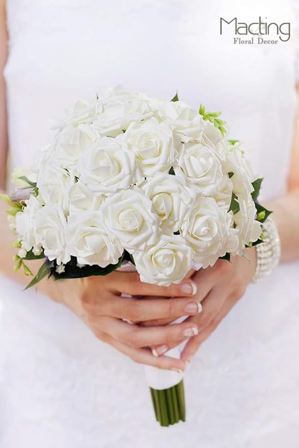 MACTING Artificial Flower Roses 30PCS Real Looking Fake Roses with Stem Ivory Foam Flowers for DIY Wedding Flower Bouquets Table Centerpieces Party Baby Shower Home Spring Mothers Day Decorations