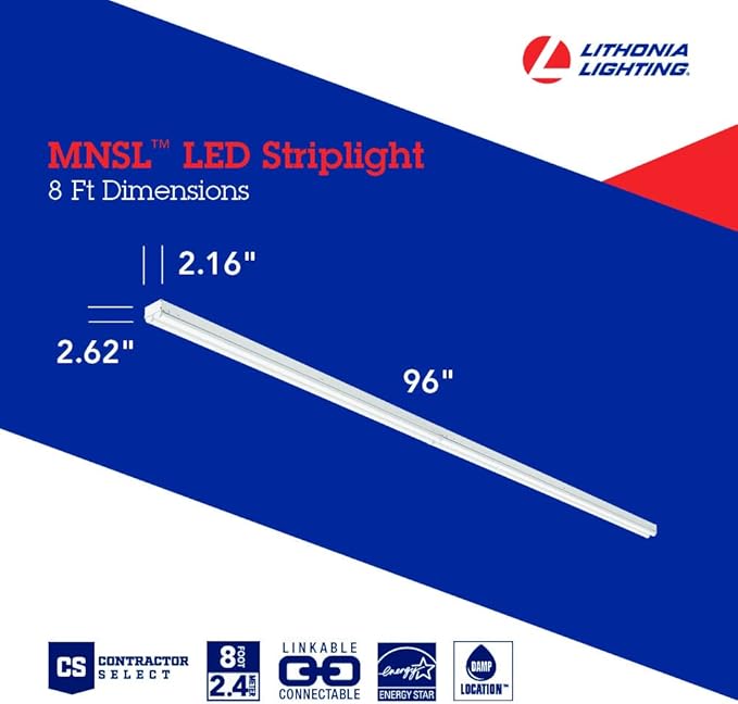 Lithonia Lighting MNSL L96 2LL MVOLT 40K 80CRI White LED Strip Light, Ceiling Lighting Fixture for Residential and Commercial Use, 120V-277V, 8-Foot, 2-Light, 4000K Cool White