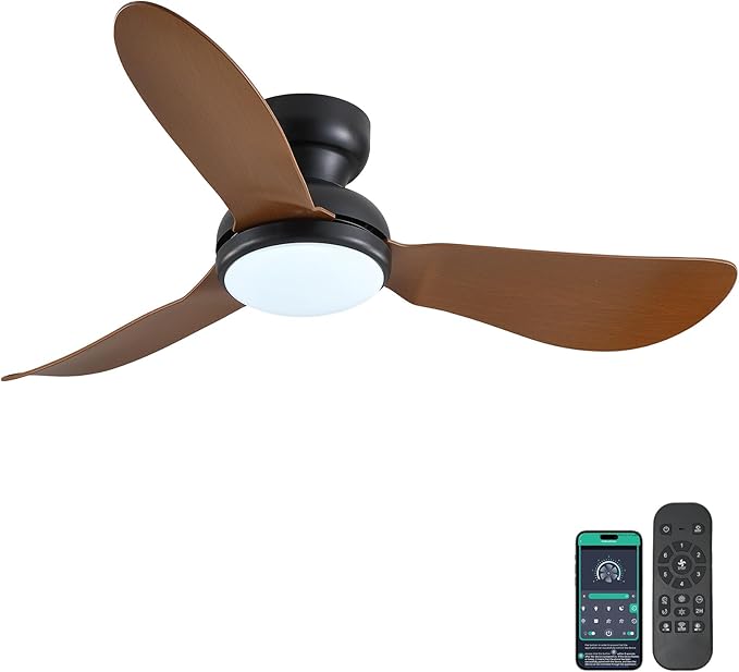 46 Inch Modern Ceiling Fans with Lights, Flush Mount Ceiling Fan with Remote/APP Control, 3 Reversible Curved Blades, 6 Speeds, 3 CCT, Dimmable LED Lights for Living Room Bedroom, Brown