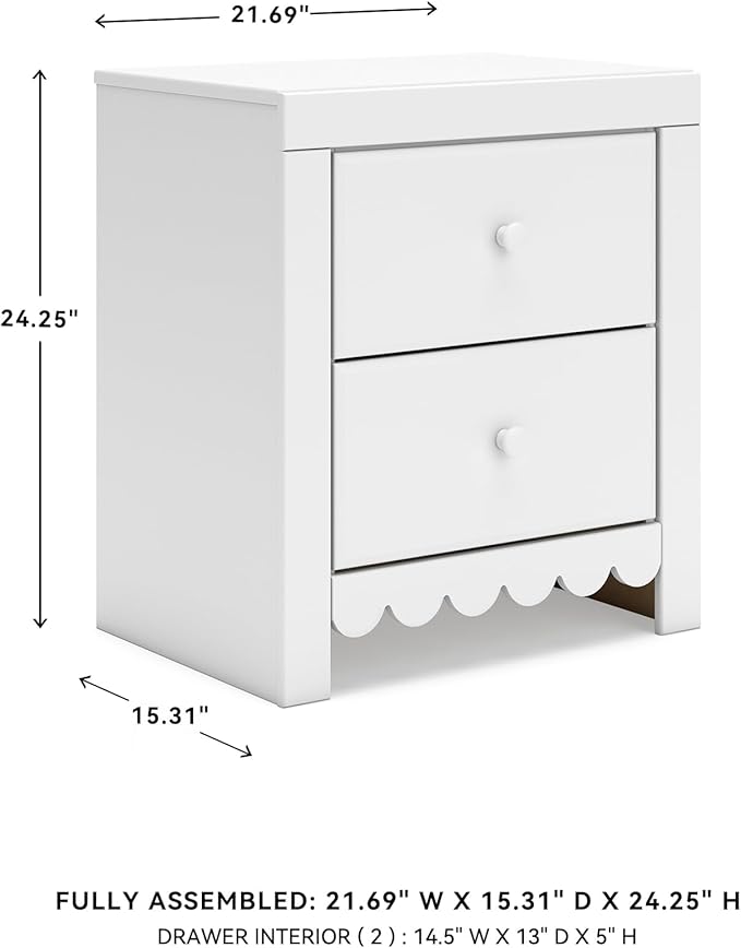 Signature Design by Ashley Mollviney Minimalist 2 Drawer Nightstand with USB Ports, 24.25" Tall, White
