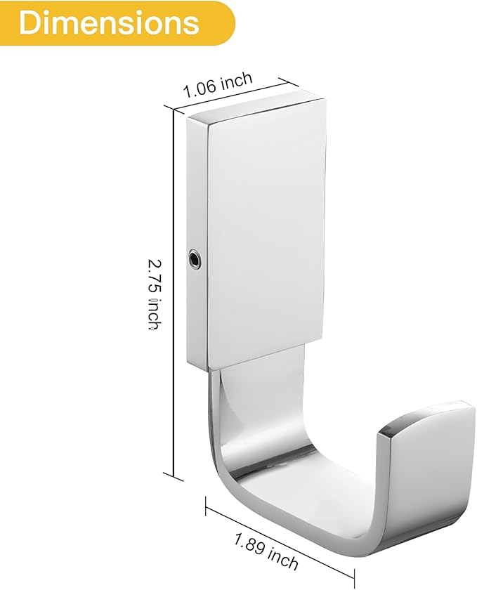 BESy Brass Clothes Hook Single Towel Hook for Bathroom Kitchen Garage Square Style Robe Hooks Coat and Hat Hook, Self Adhesive with Glue or Wall Mounted with Screws, Polished Chrome