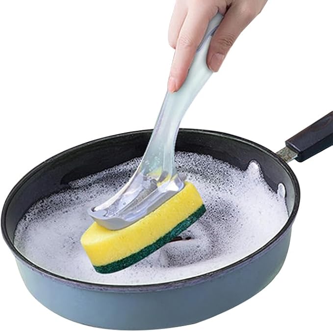 The Pot Brush with Green and Yellow Washing Pads Does not Damage The Pot Handle and can be Used to add Liquid, Brush The Bowl, and Brush The Stove