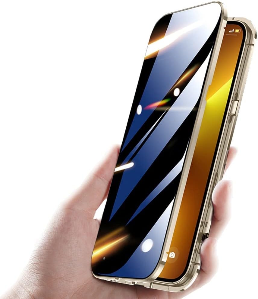 HENGHUI Anti-Peep Lockable Case for iPhone 14 Pro Max, Gold, Magnetic Glass, Camera Lens & Privacy Screen Protector,